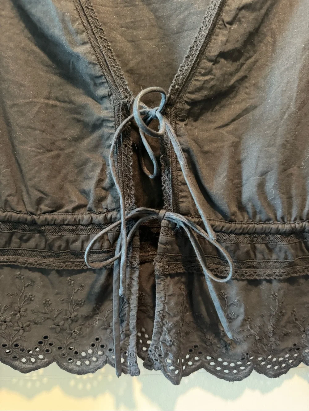 Abercrombie & Fitch Black Eyelet Tie-Front Peasant Top